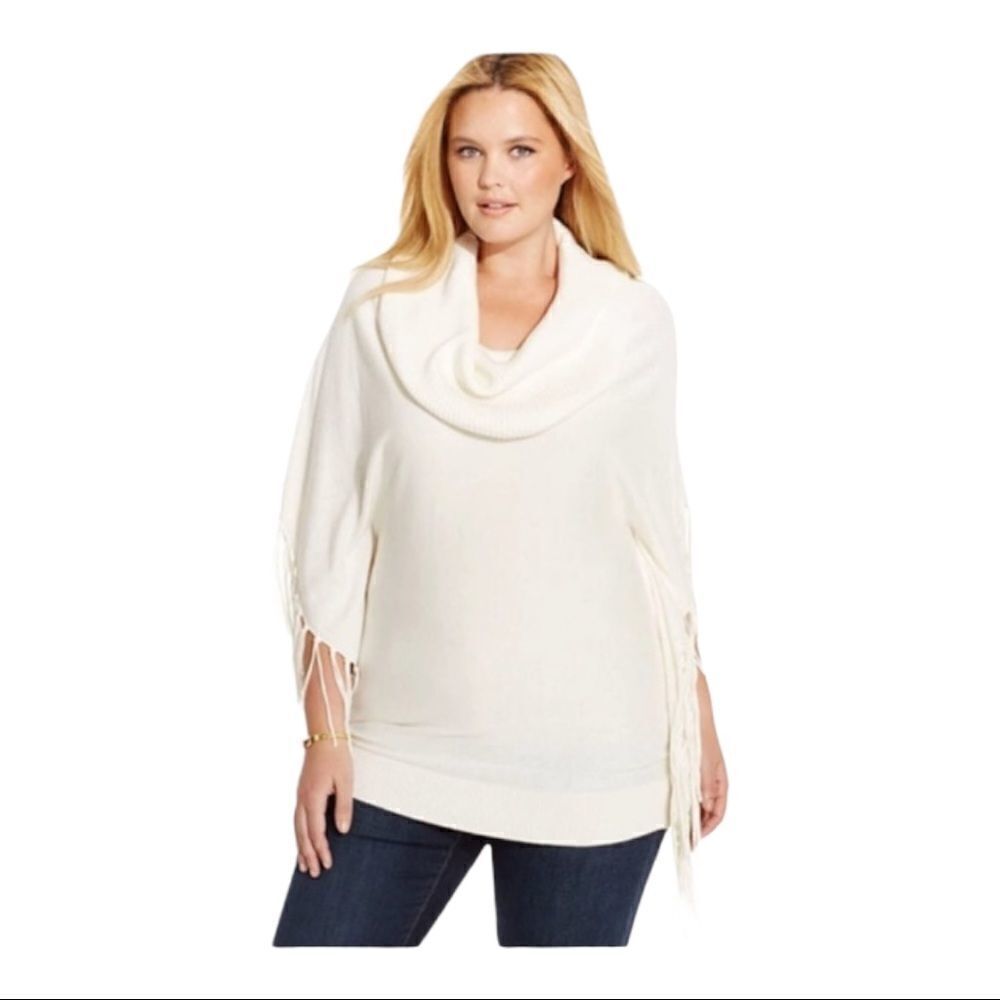 MICHAEL Michael Kors Cream Fringed‎ Cowl Neck Poncho Sweater Size Medium